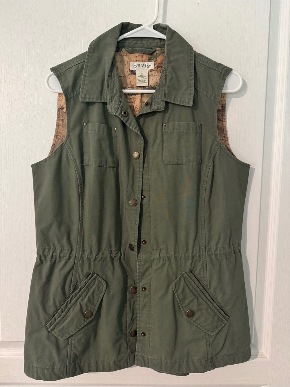 Orvis Olive Green Sleeveless Utility Vest with Drawstring Waist